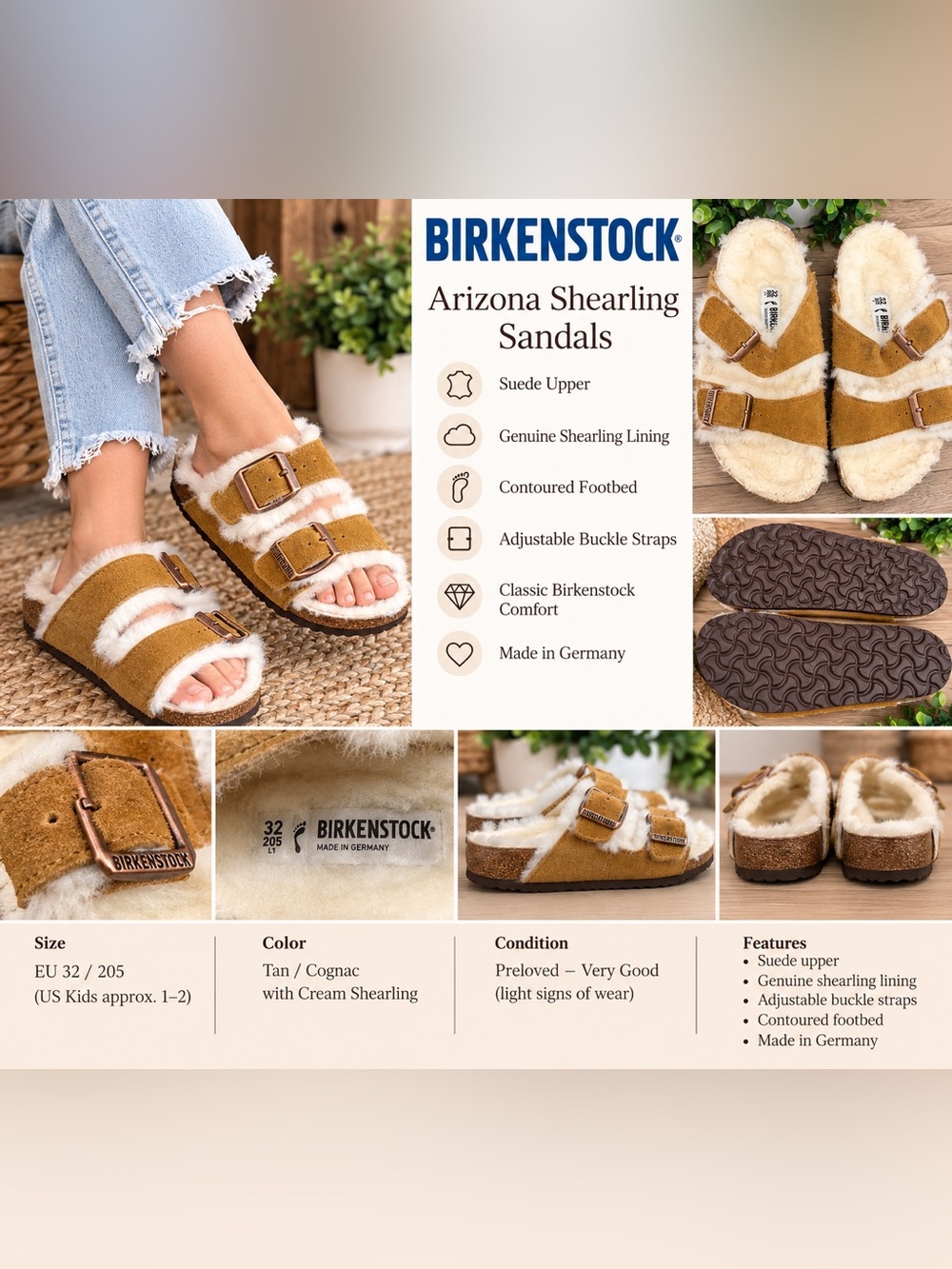 Kids Birkenstock Arizona Shearling Sandals in Tan with Cream